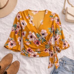 Polly & Esther Mustard Floral Wrap Top Bell Sleeve Blouse Small